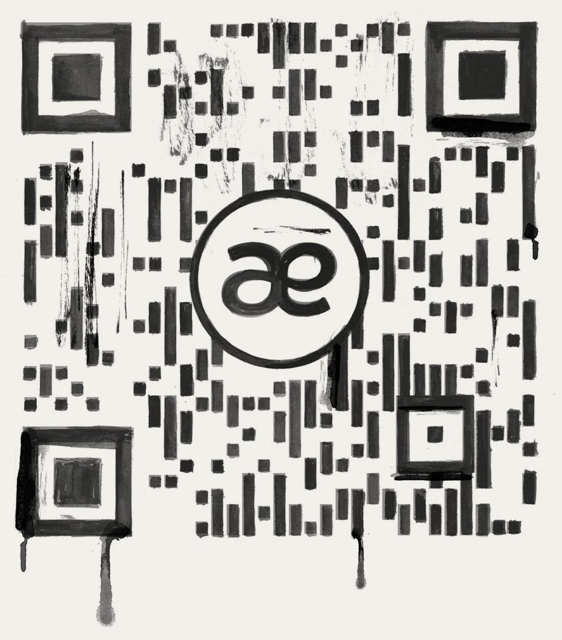A hand-painted QR code with the æ mark at its centre