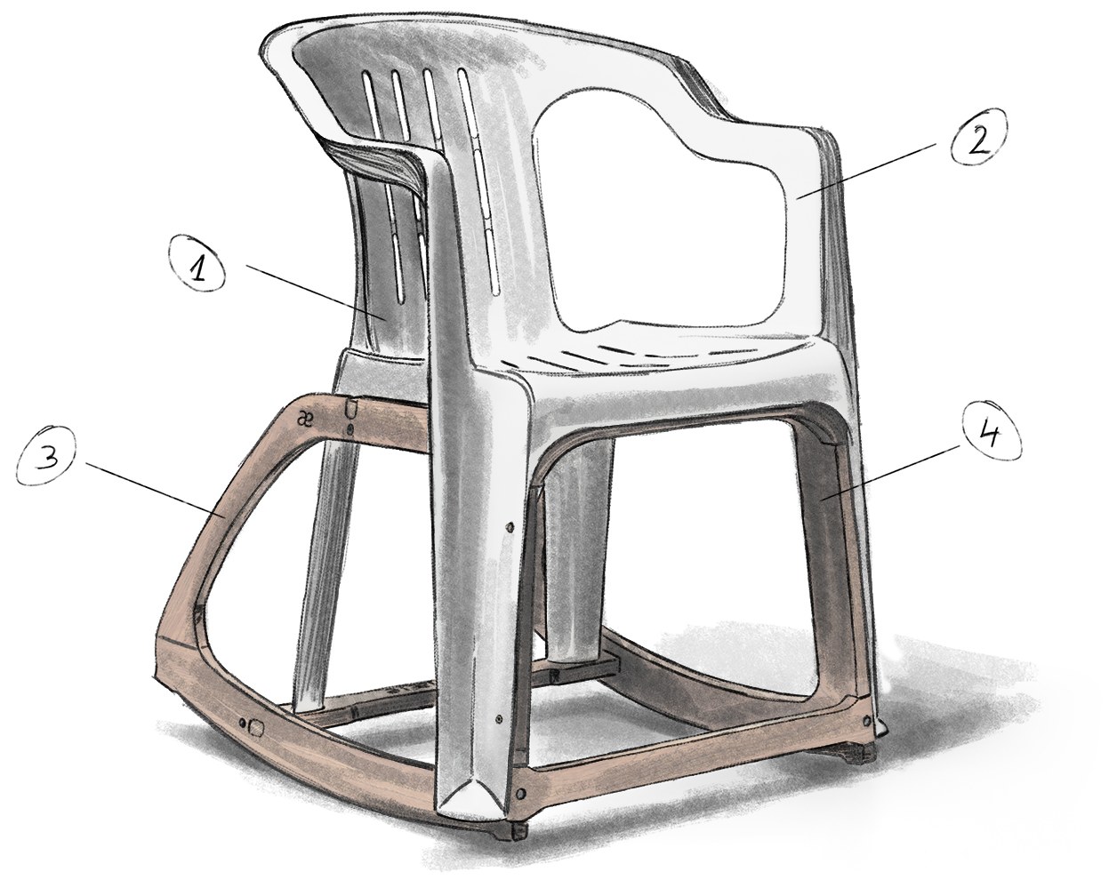 Pencil sketch of the rocking chair with four numbered parts: 1 the shell, 2 its finish, 3 the oak rocker, 4 the stain